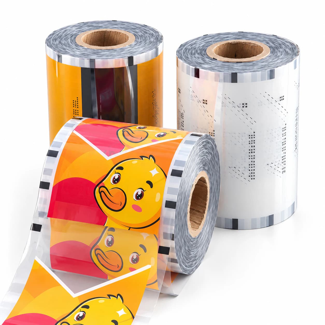 Three rolls of custom printed flexible packaging film for form fill and seal equipment