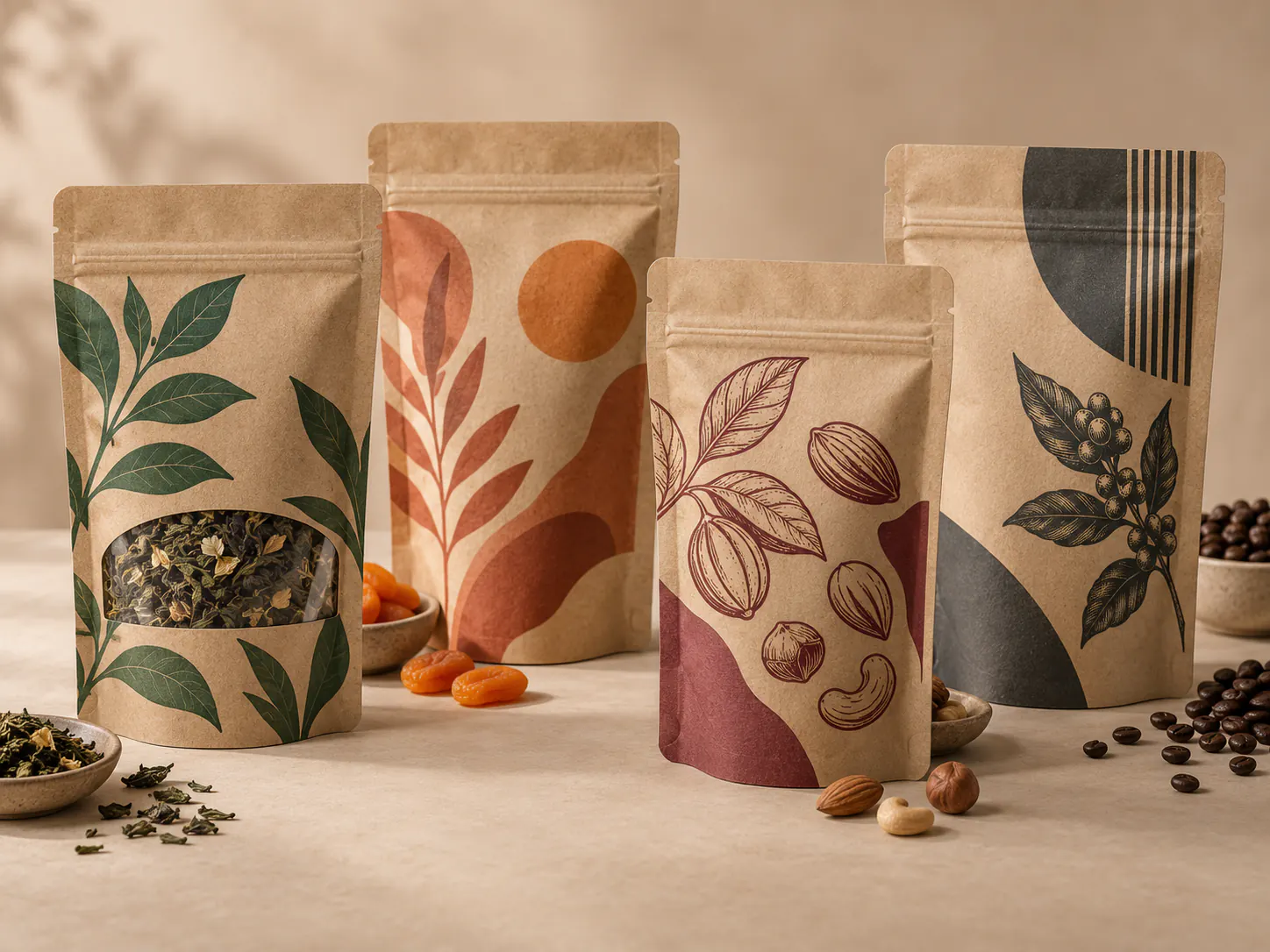 Custom printed kraft paper pouches for food packaging