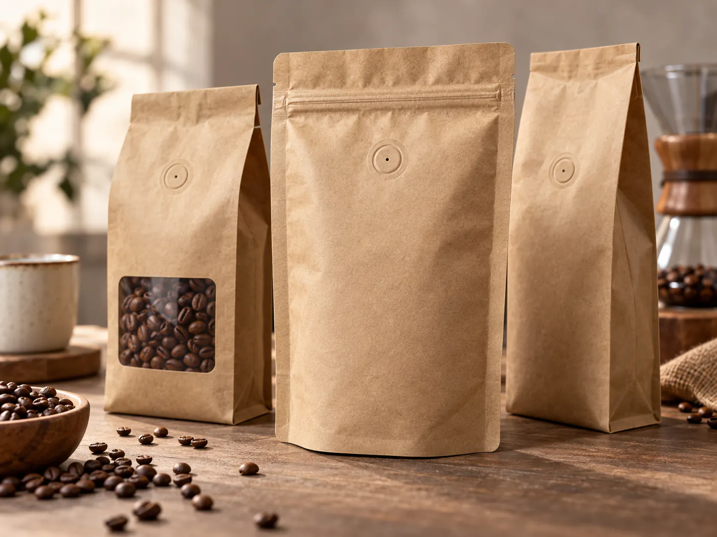 Kraft paper coffee pouches with one-way degassing valves