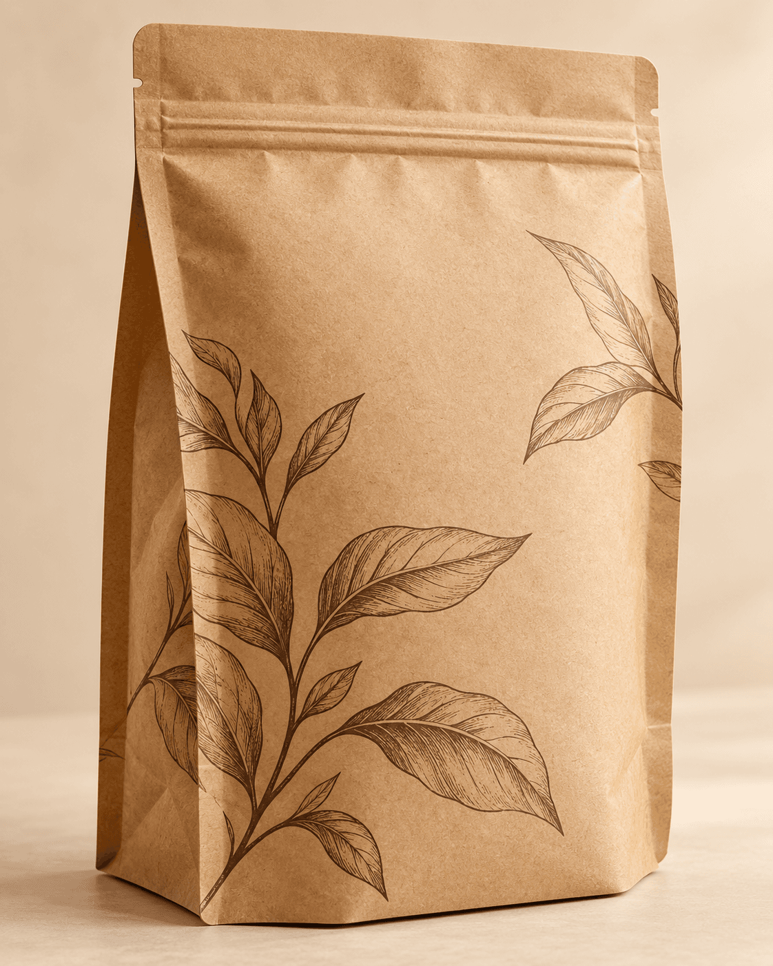 Natural kraft paper stand-up pouch with a botanical print