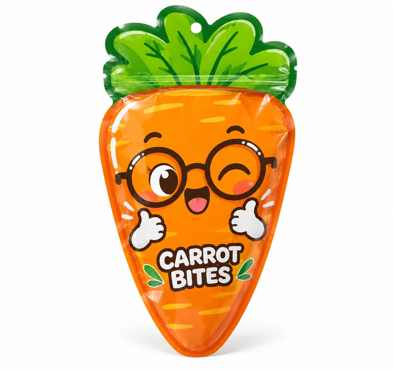 Carrot-shaped printed pouch with a green resealable top and orange illustrated body
