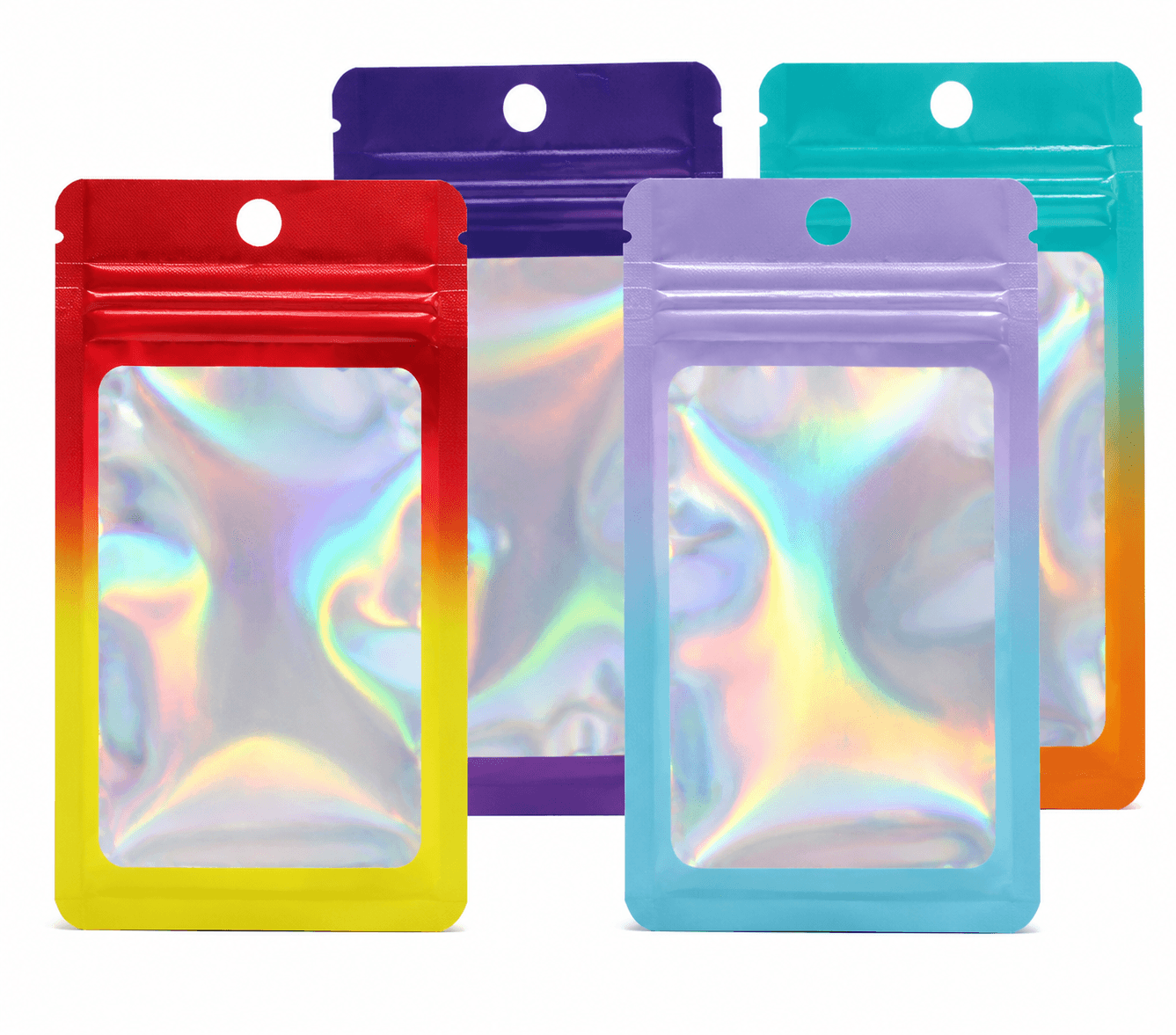 Colorful three-side-seal pouches with zipper closures and hang holes