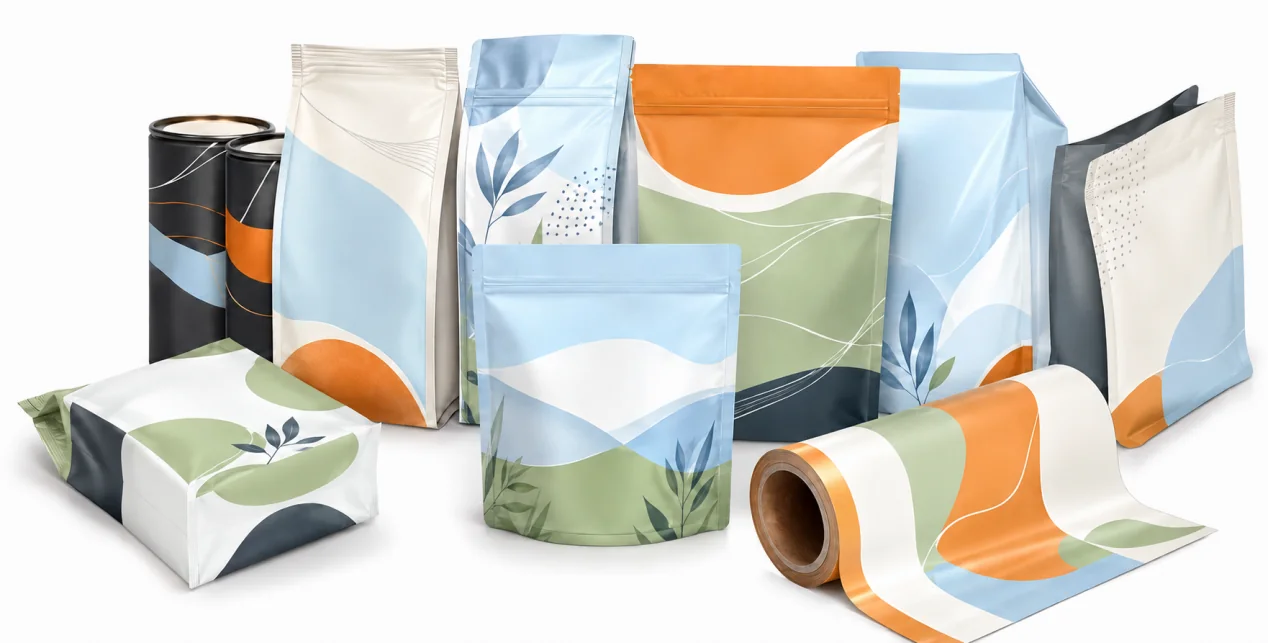 Printed flexible packaging pouches and rollstock made from laminated packaging films