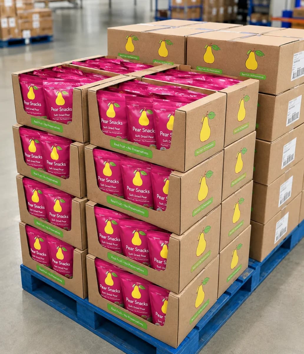 Illustrative food pouches arranged in cartons on a pallet for shipment
