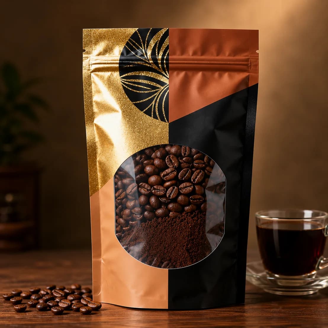 Decorative printed stand-up coffee pouch with a clear product window