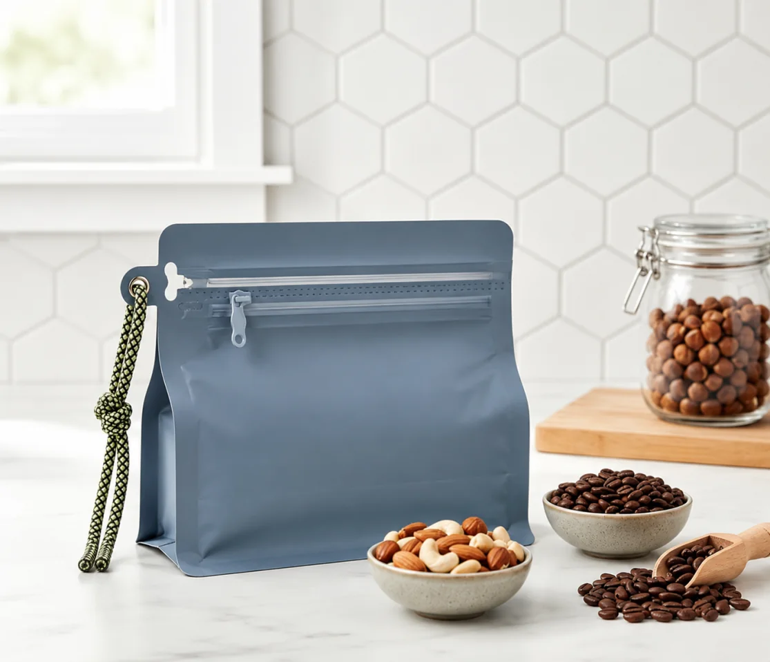 Resealable flexible pouch displayed with coffee beans and mixed nuts