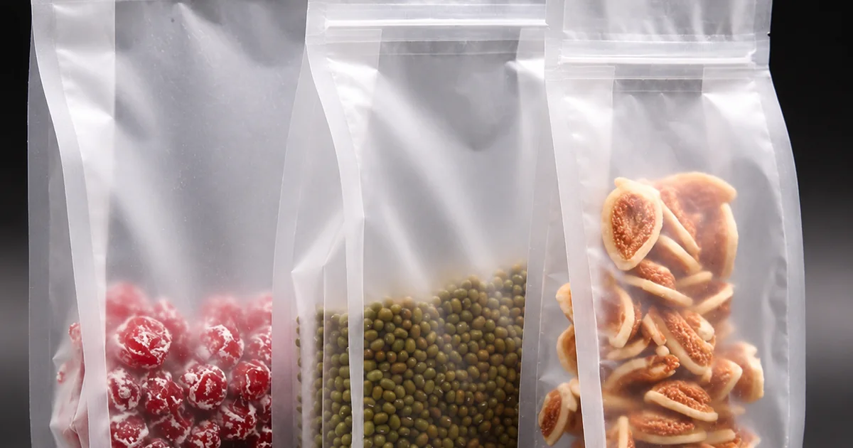 Clear PE stand-up pouches filled with dried fruit, beans, and snack products