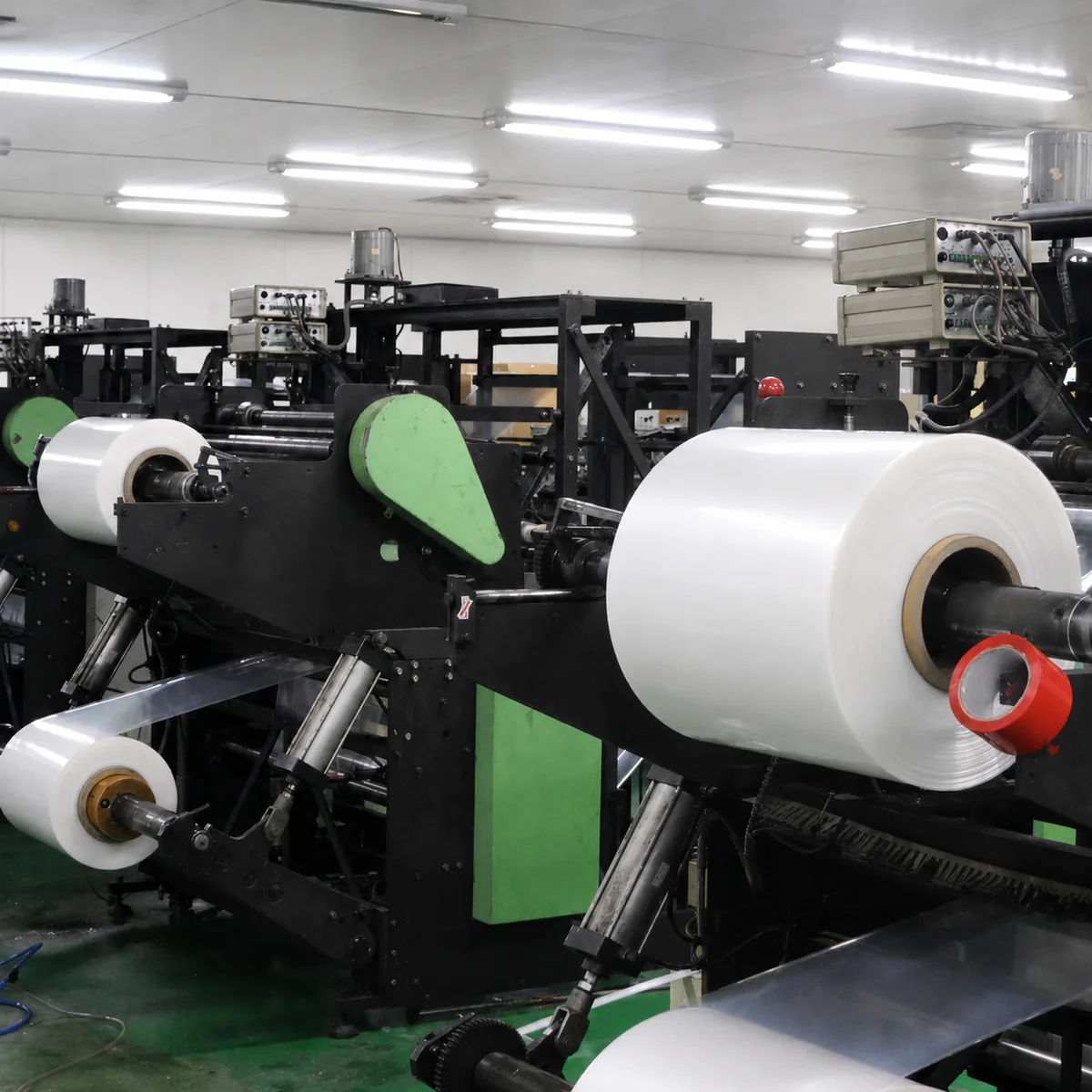 Flexible polyethylene film running through industrial film converting equipment