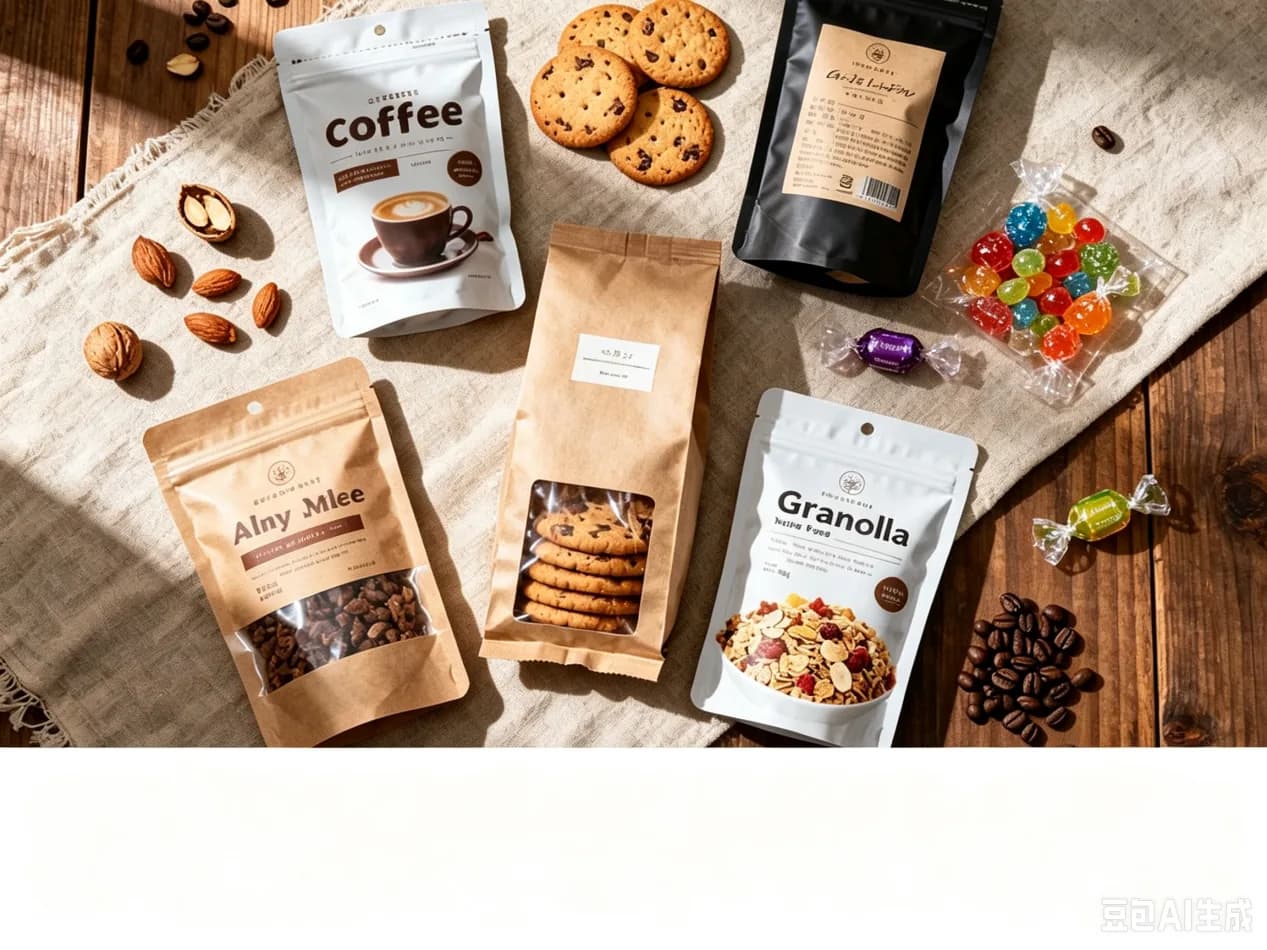 Coffee, granola, cookies, nuts, and candy displayed in different flexible food packaging bags