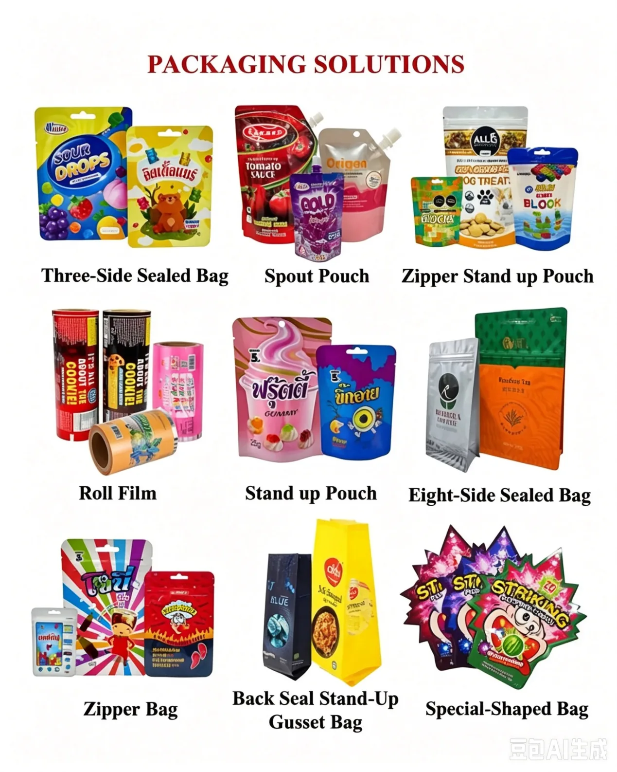 Examples of food packaging formats including stand-up, spout, zipper, back-seal, and shaped pouches