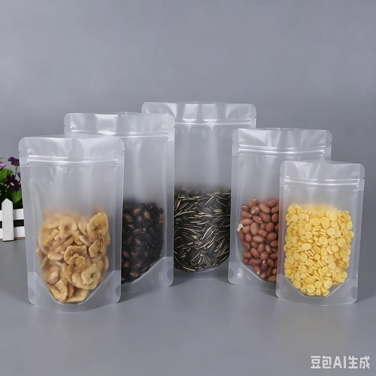 Five clear stand-up food packaging bags filled with snacks, beans, seeds, and cereal