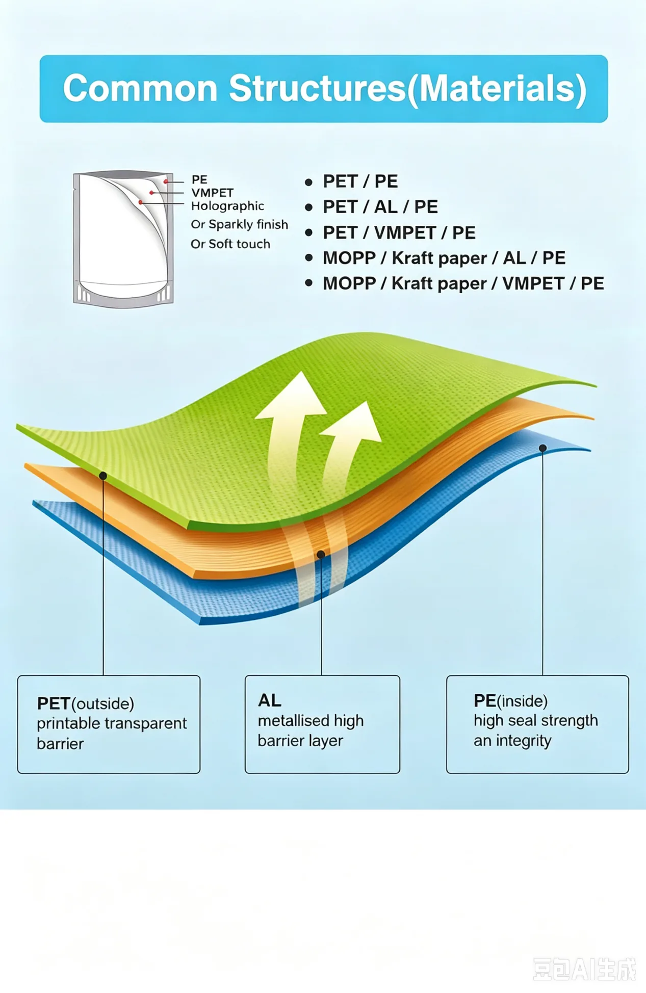 Diagram showing PET, aluminum barrier, and PE sealant layers in a common flexible packaging structure