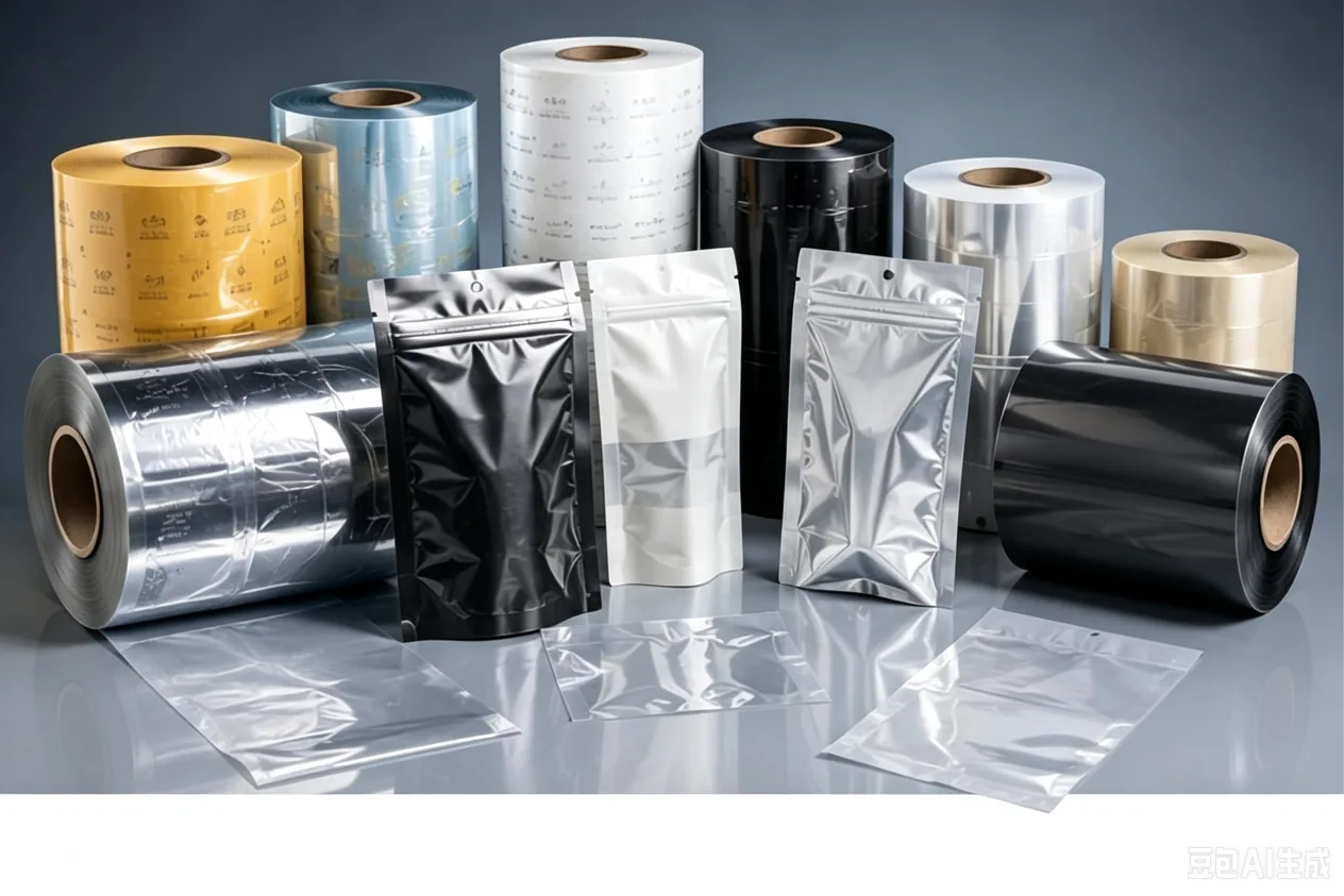 Flexible packaging film rolls and silver, white, and black food pouches arranged by material type