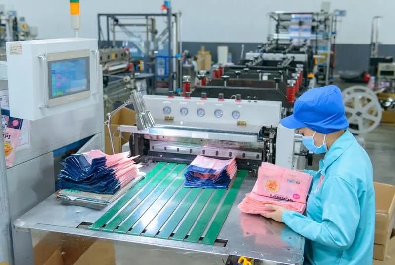 Packaging production worker inspecting finished printed food pouches beside converting equipment