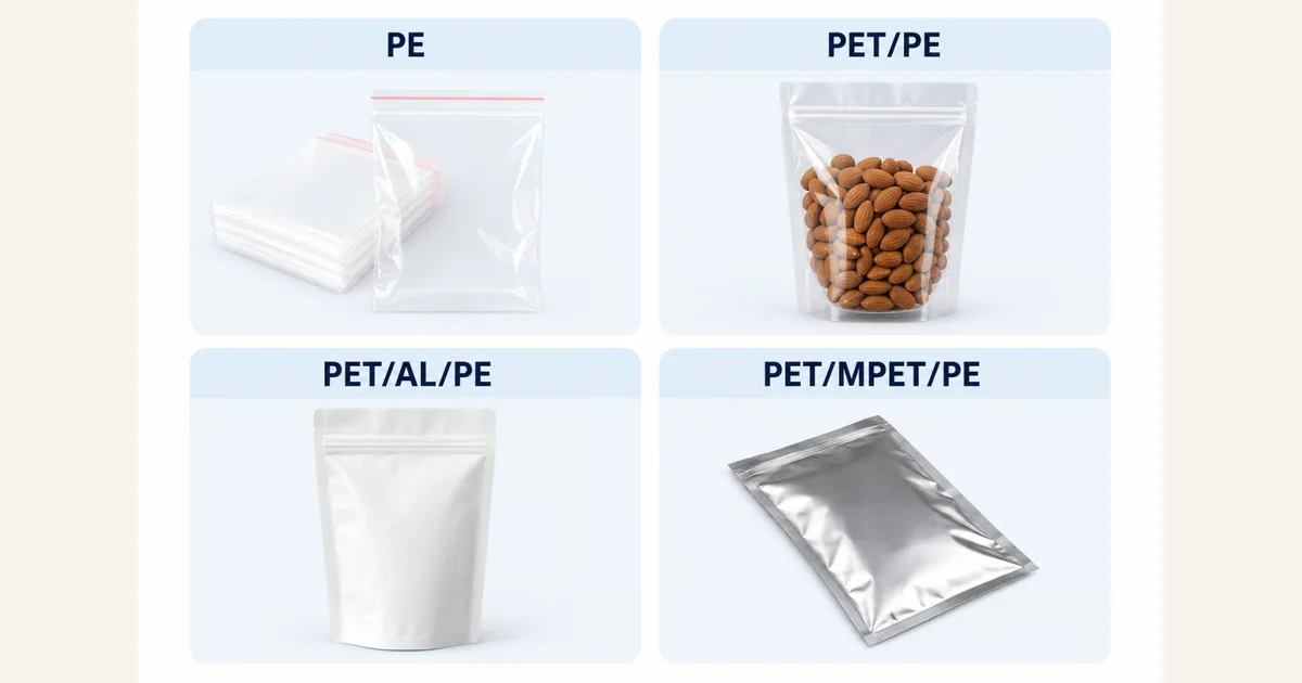 Comparison of PE, PET PE, PET aluminum PE, and metallized PET PE pouch structures