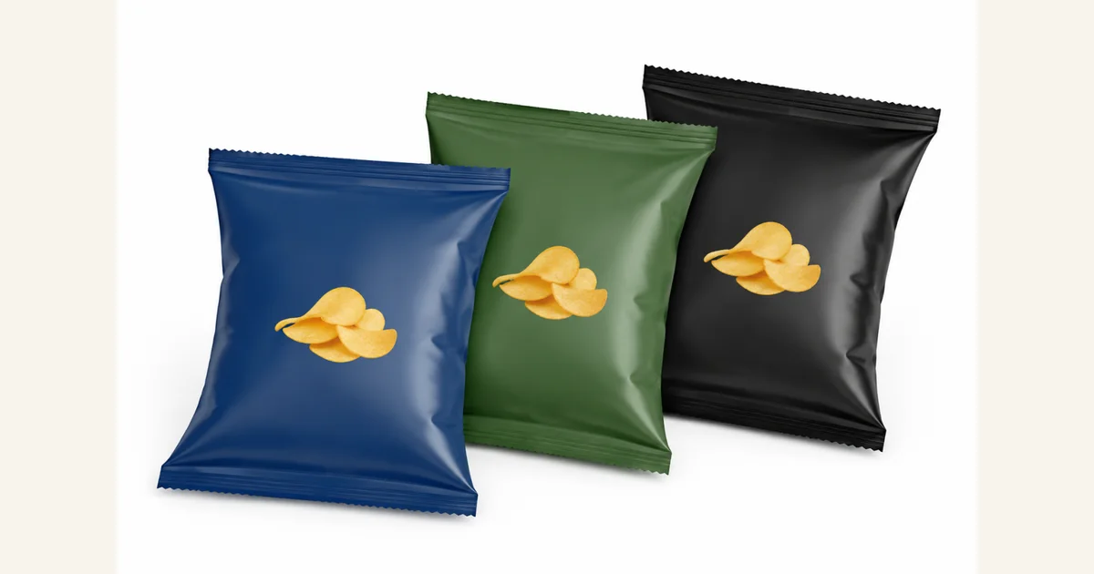 Blue, green, and black flexible snack packages for comparing food packaging material needs