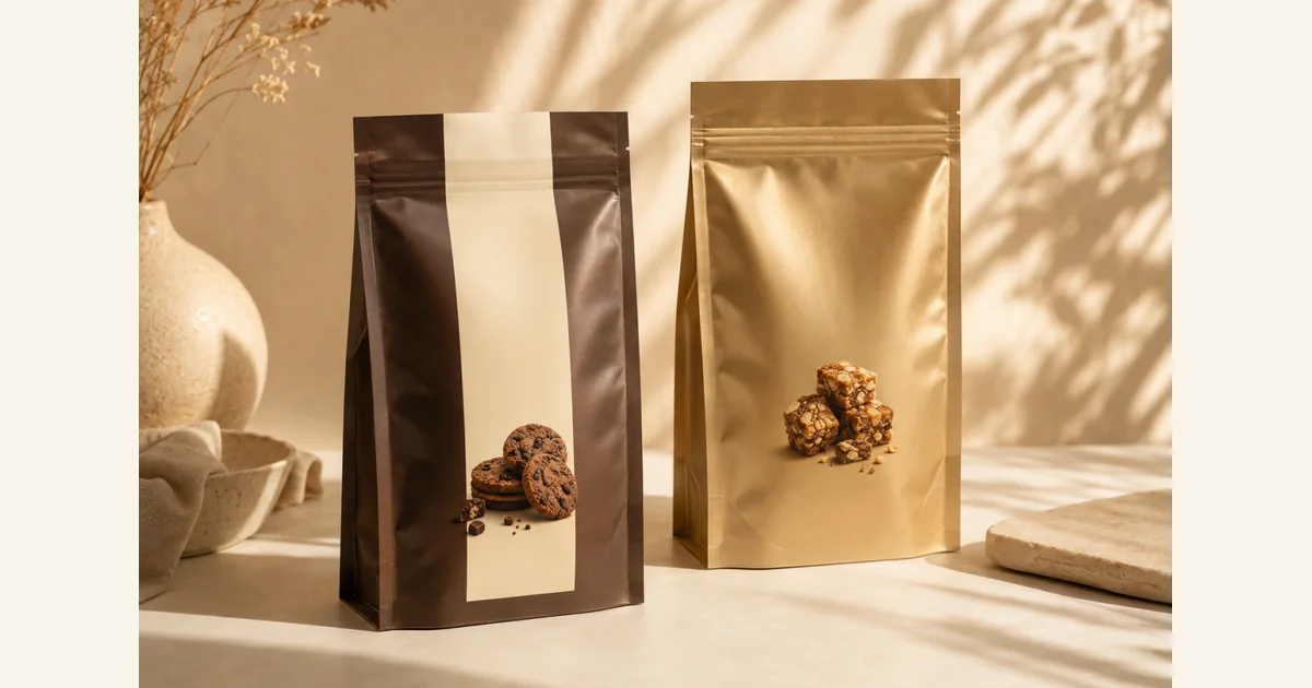 Two laminated stand-up food pouches with printed snack applications