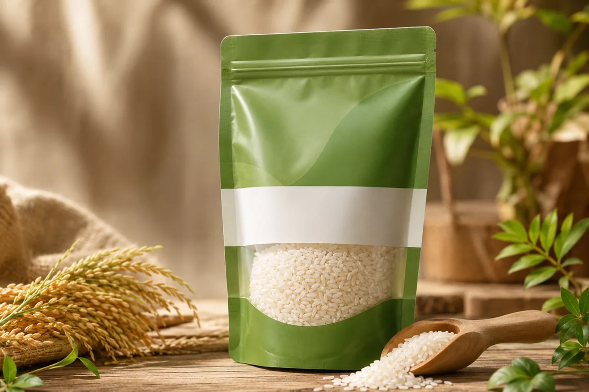 Laminated green stand-up pouch with a window for rice packaging