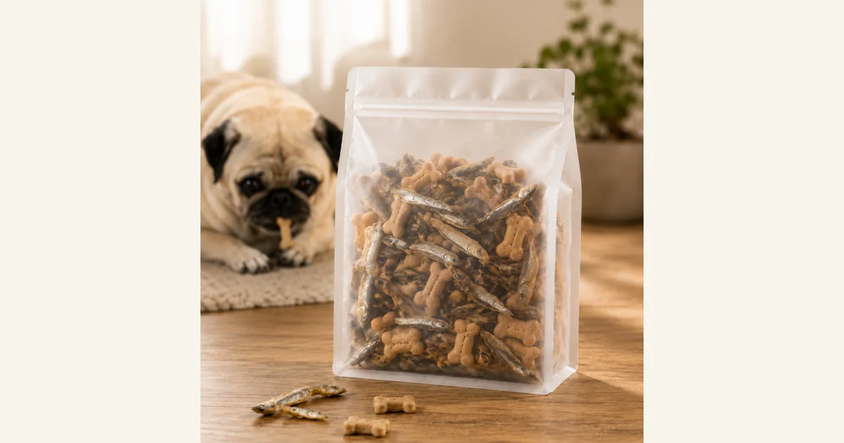 Clear resealable pet treat pouch illustrating a finished composite food packaging bag