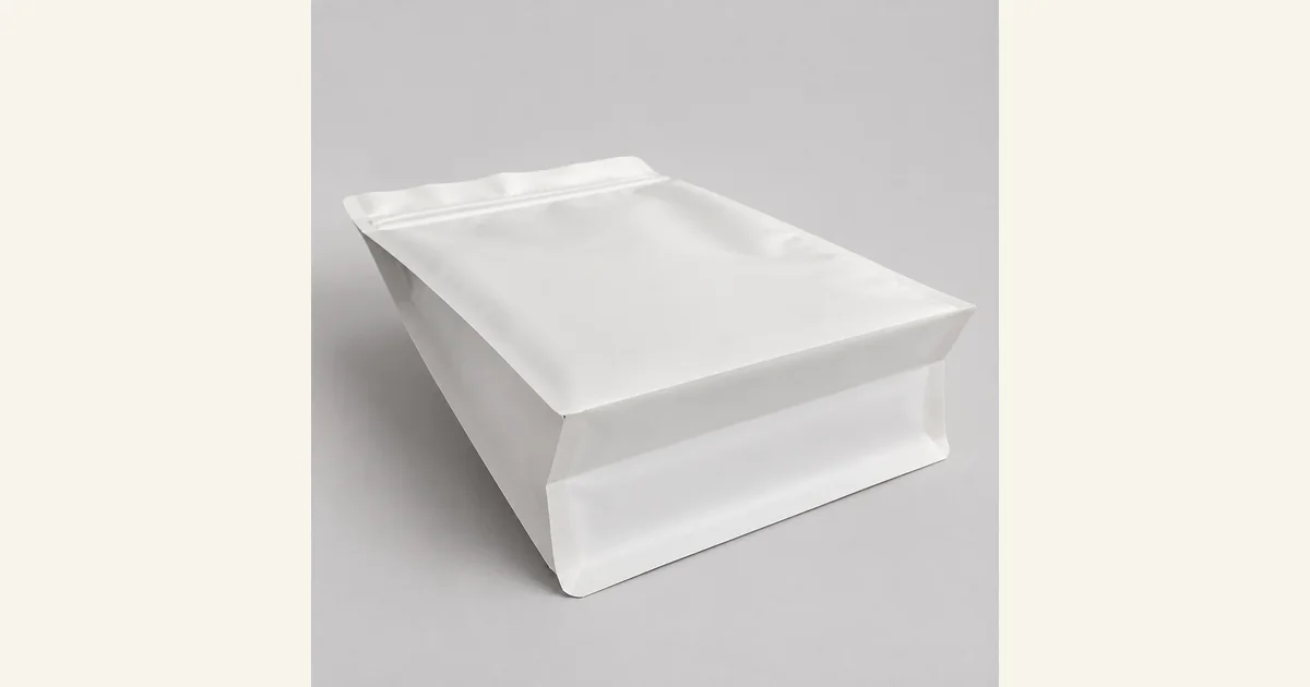 Unprinted white flat-bottom pouch representing a PET and PE flexible packaging structure