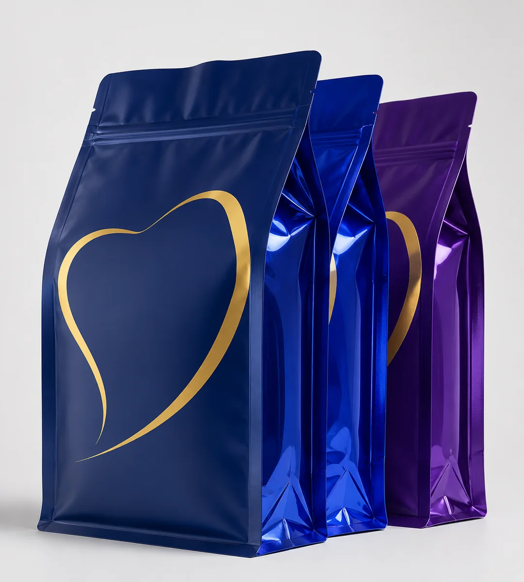 Blue and purple printed flexible pouches showing possible PET PE packaging formats