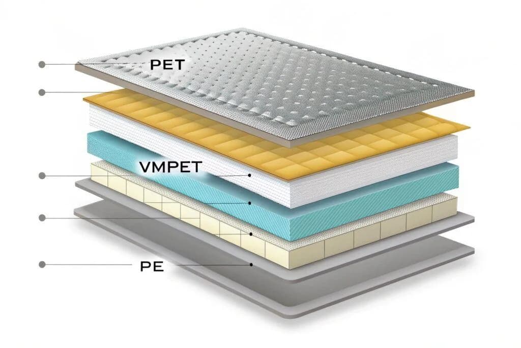 Exploded diagram labeling PET, VMPET, and PE layers in a flexible packaging laminate