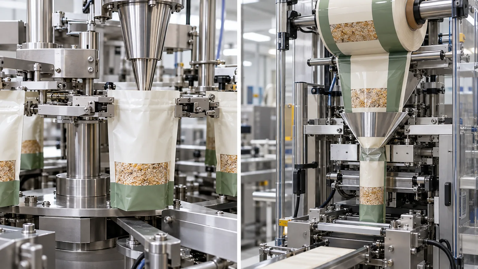 Pre-made pouch filling machine and rollstock form-fill-seal machine compared