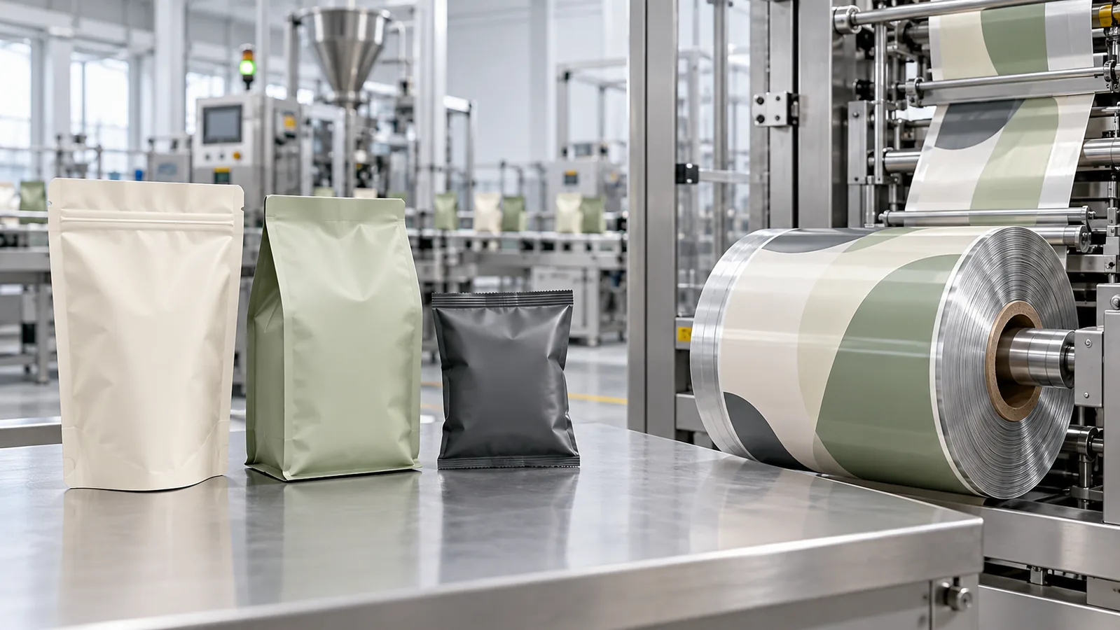 Pre-made food pouches displayed beside printed flexible packaging rollstock in a food packaging facility