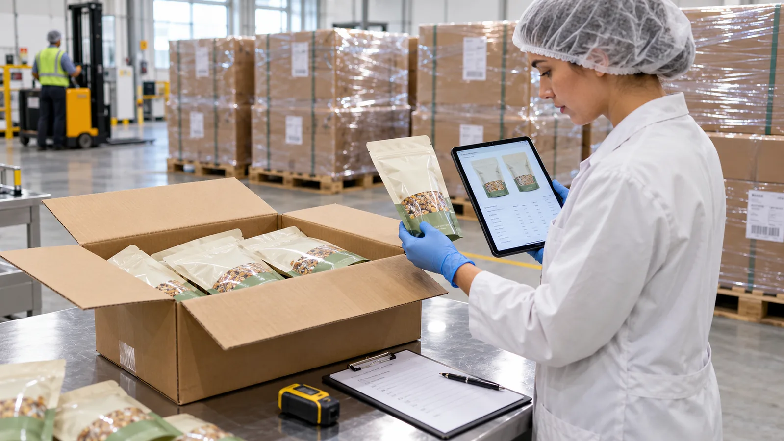 Inspector checking cartons of flexible pouches before shipment