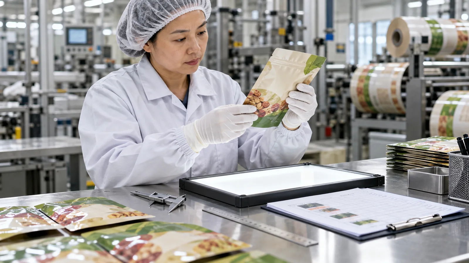 Quality inspector examining custom printed flexible food packaging pouches in a factory laboratory