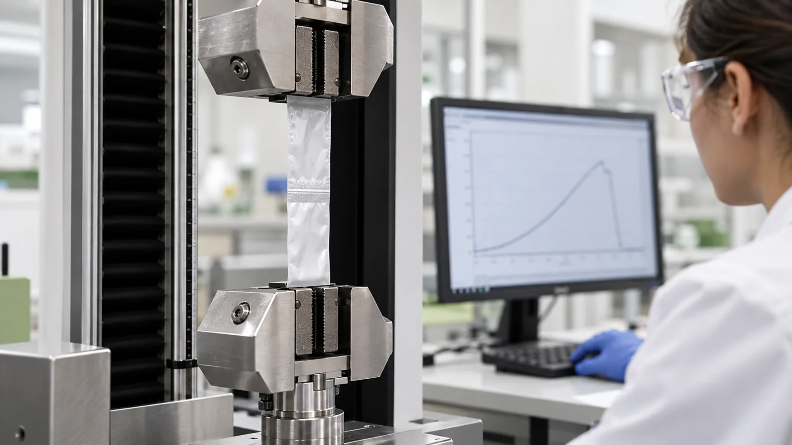 Flexible pouch seal strip in a tensile seal-strength test