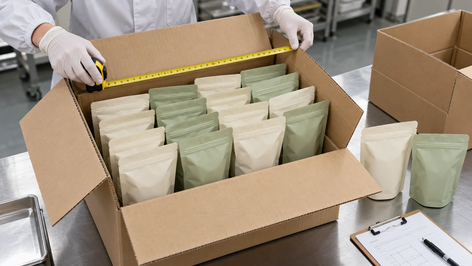 Filled flexible pouches arranged in a carton-fit test