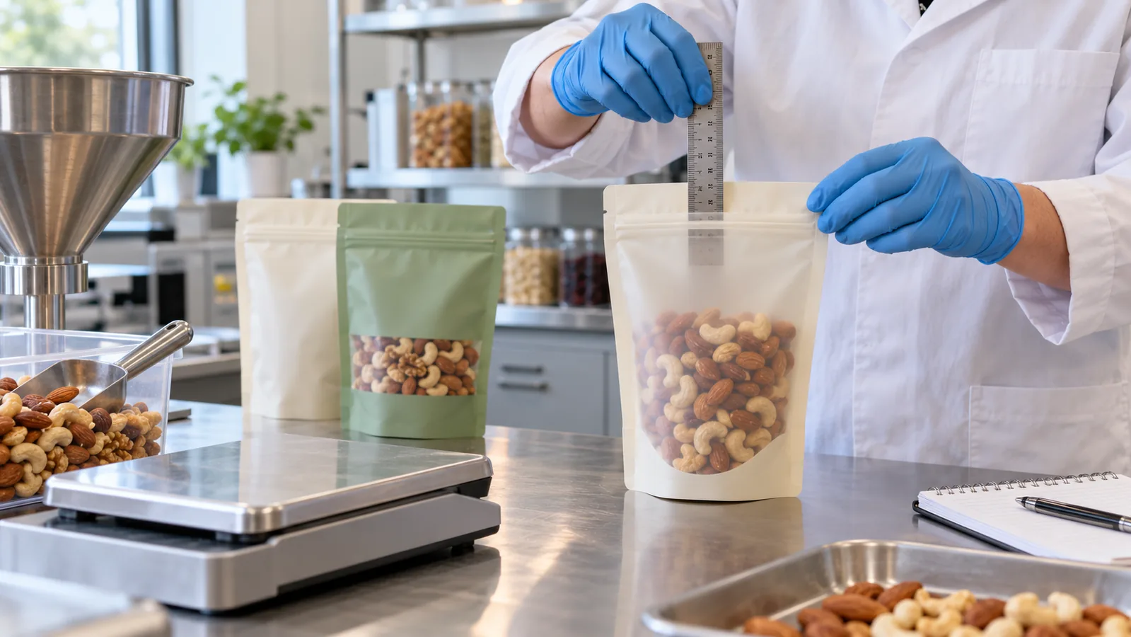 Packaging technician measuring headspace during a food pouch fill test