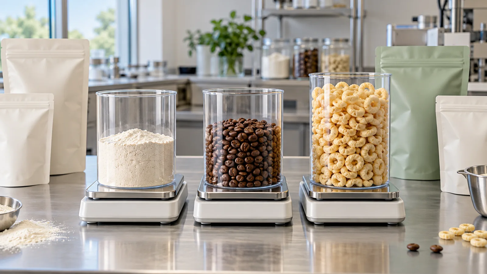 Packaging technician comparing food volume and custom pouch dimensions during a sizing test