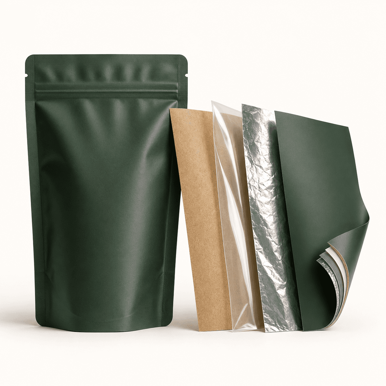 An ivory high-barrier pouch displayed beside a roll of flexible packaging film