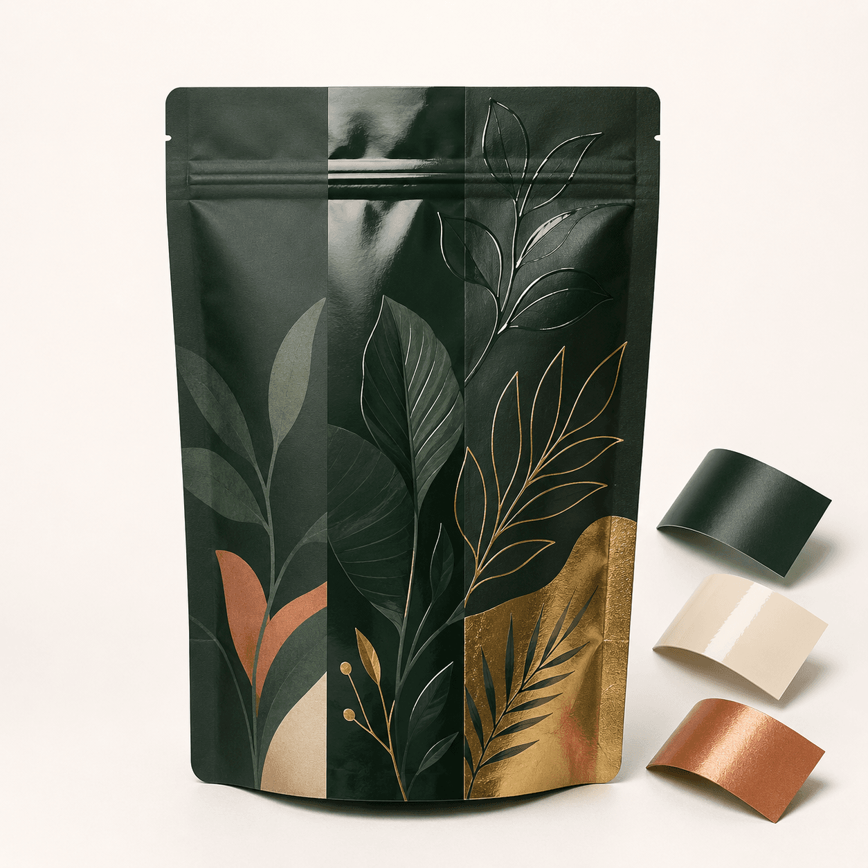 A premium dark green printed flat-bottom pouch with metallic and gloss details