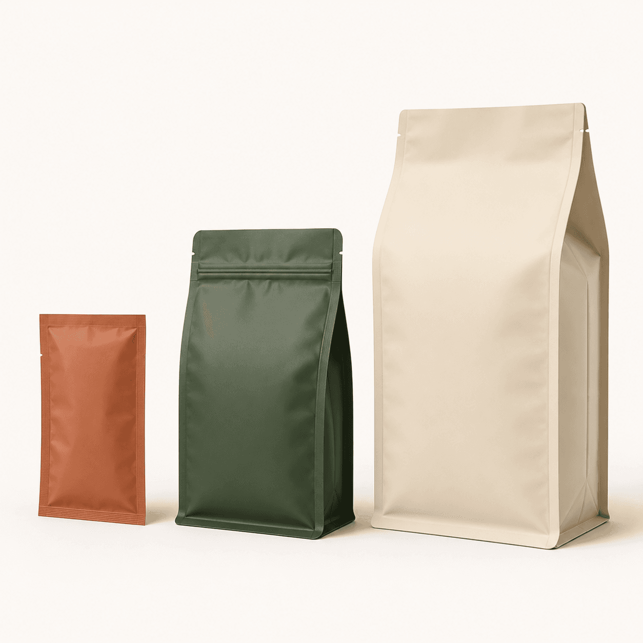 Four black flat-bottom coffee pouches demonstrating custom packaging sizes