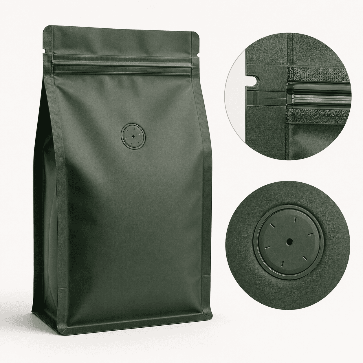 A dark green coffee pouch with detailed views of its zipper and degassing valve