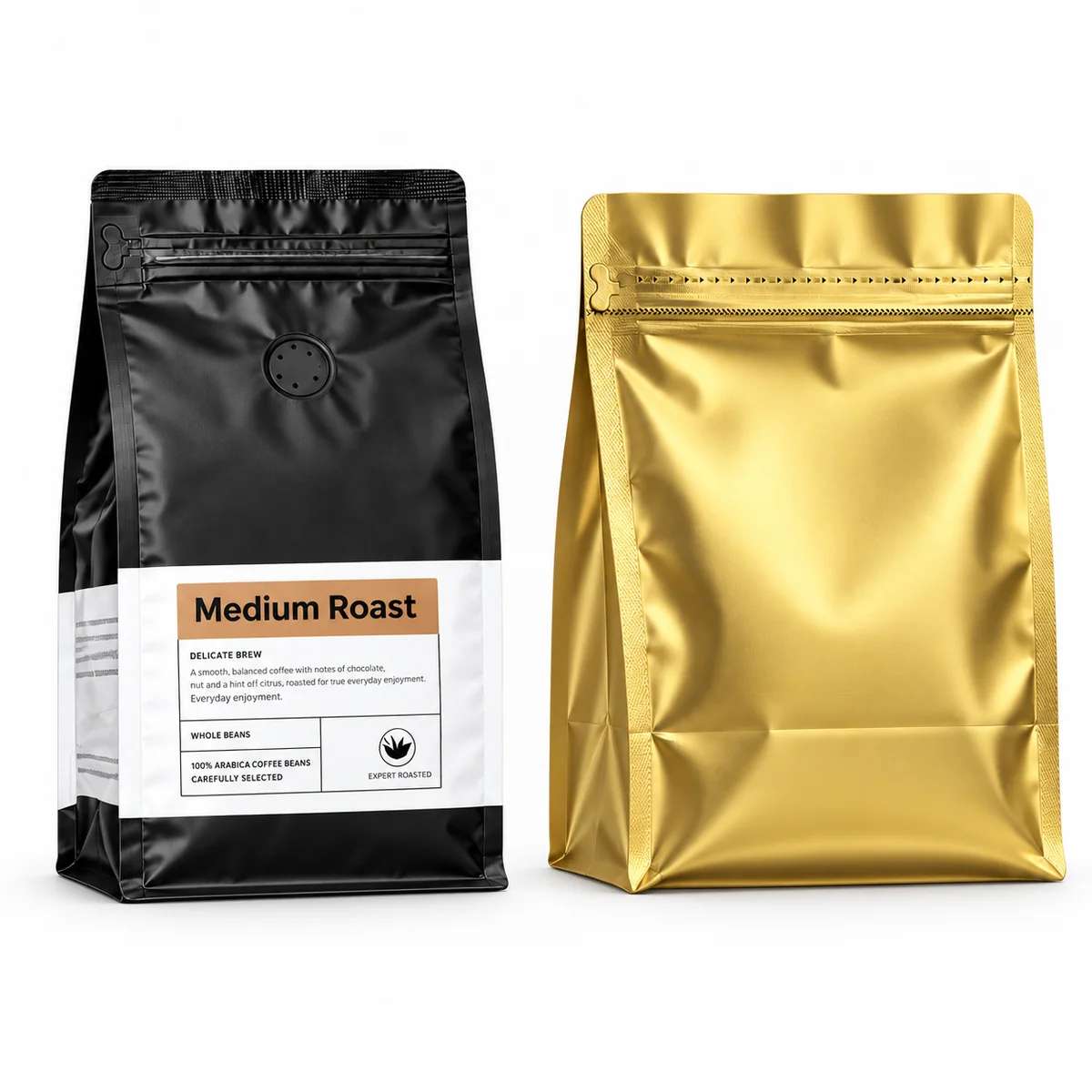 Black coffee and metallic gold eight-side-seal pouches with resealable zippers