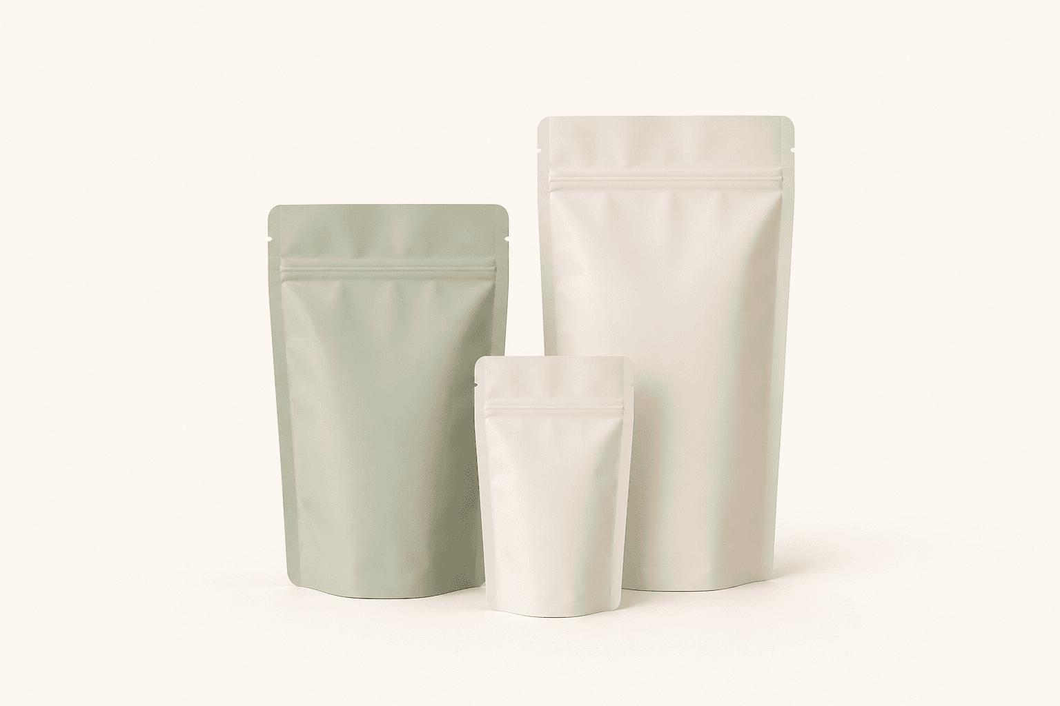 One pale sage and two warm ivory blank flexible pouches in three sizes
