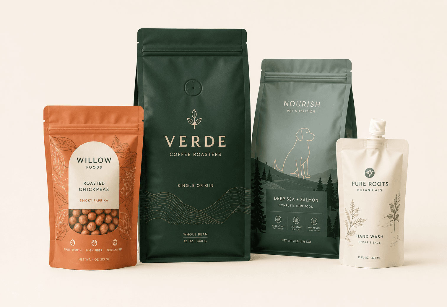 Premium cream and green flexible pouches suitable for tea and matcha