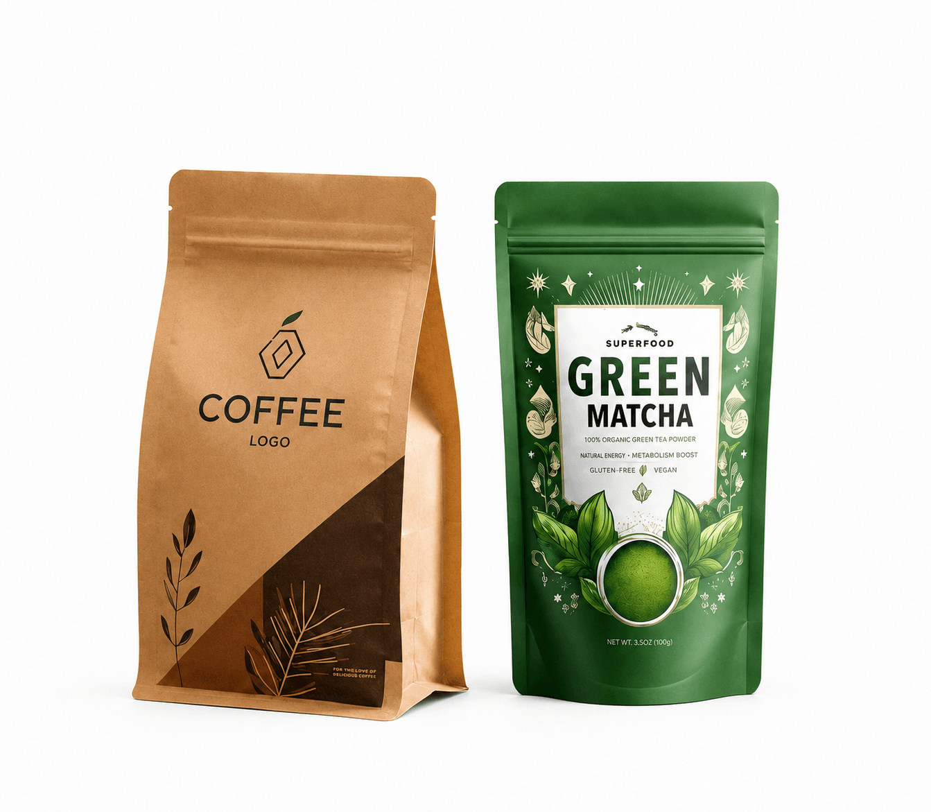 Kraft coffee pouch and green matcha pouch with premium printed branding