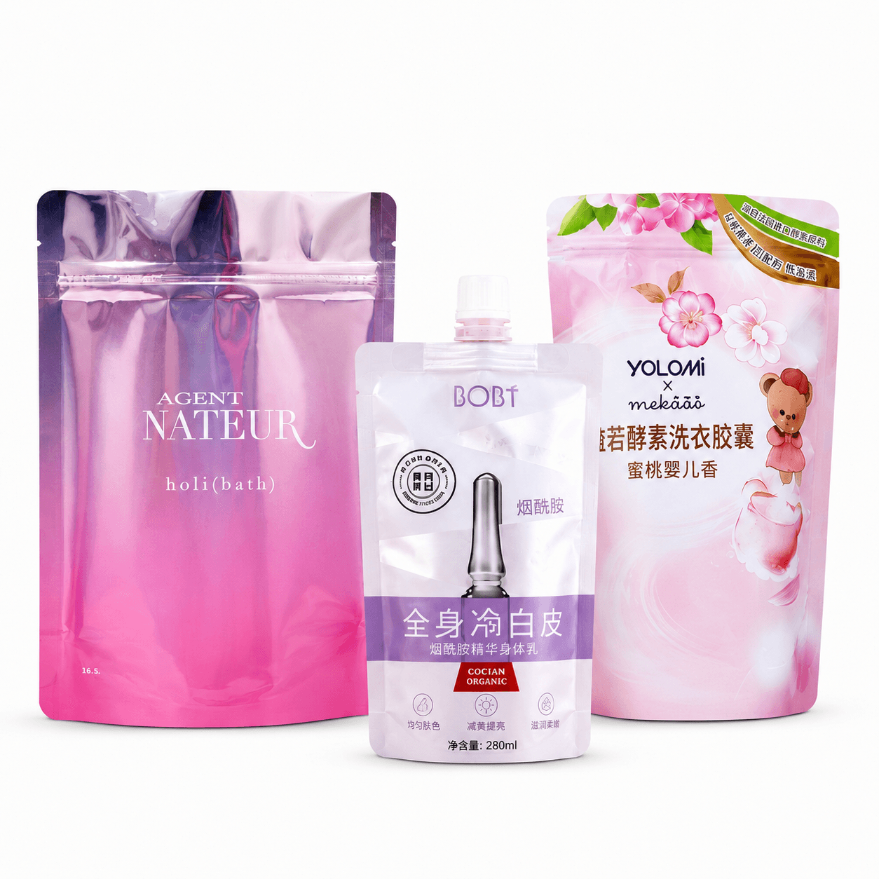 Resealable and spout pouches for bath, skincare and laundry products