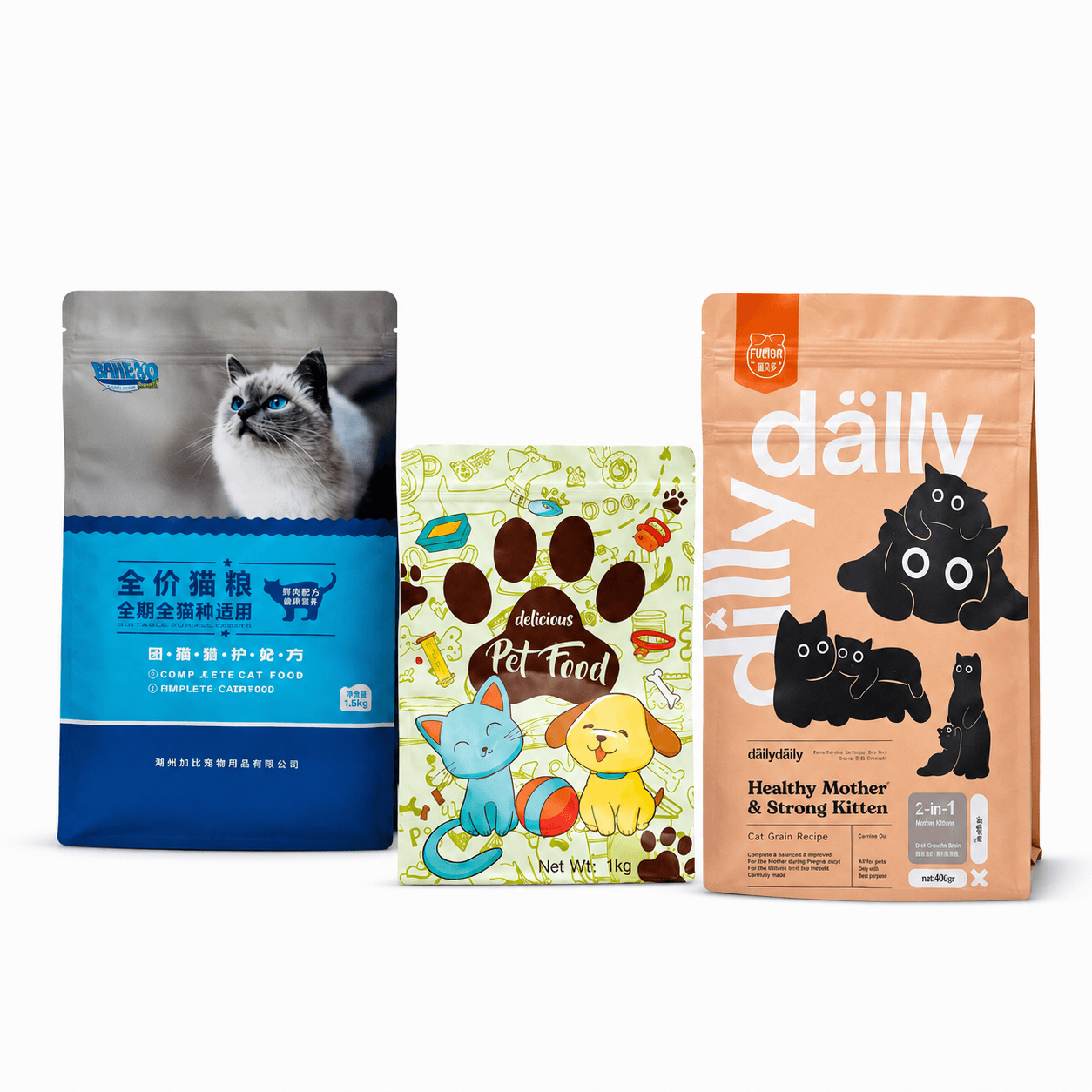 Three professionally printed cat and dog food pouches