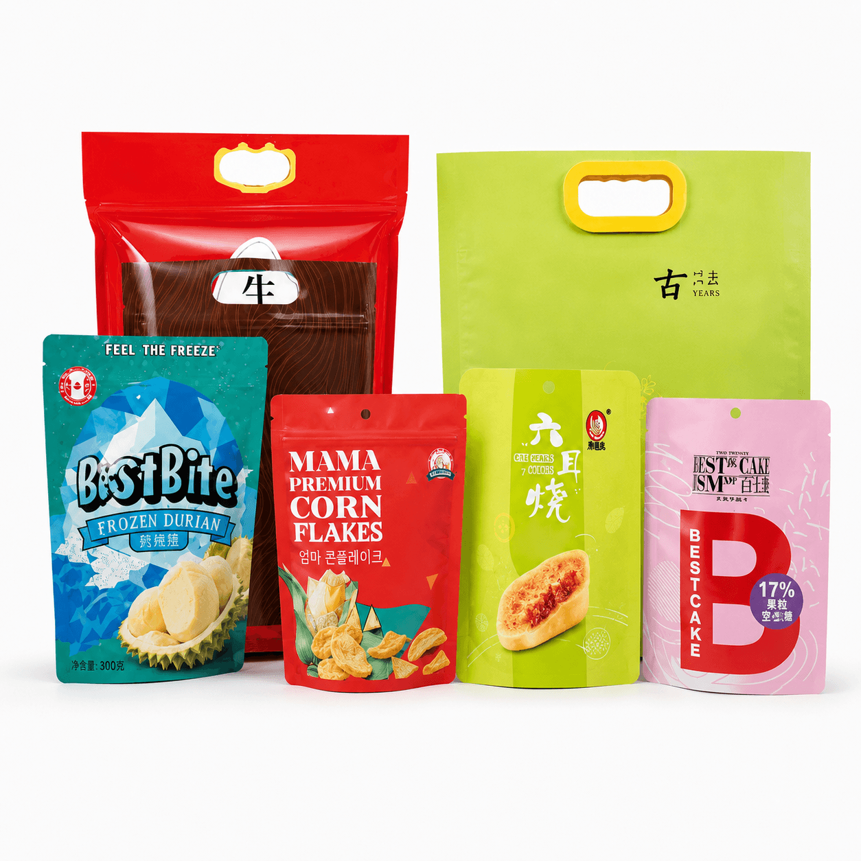Colorful printed stand up pouches for snacks and food