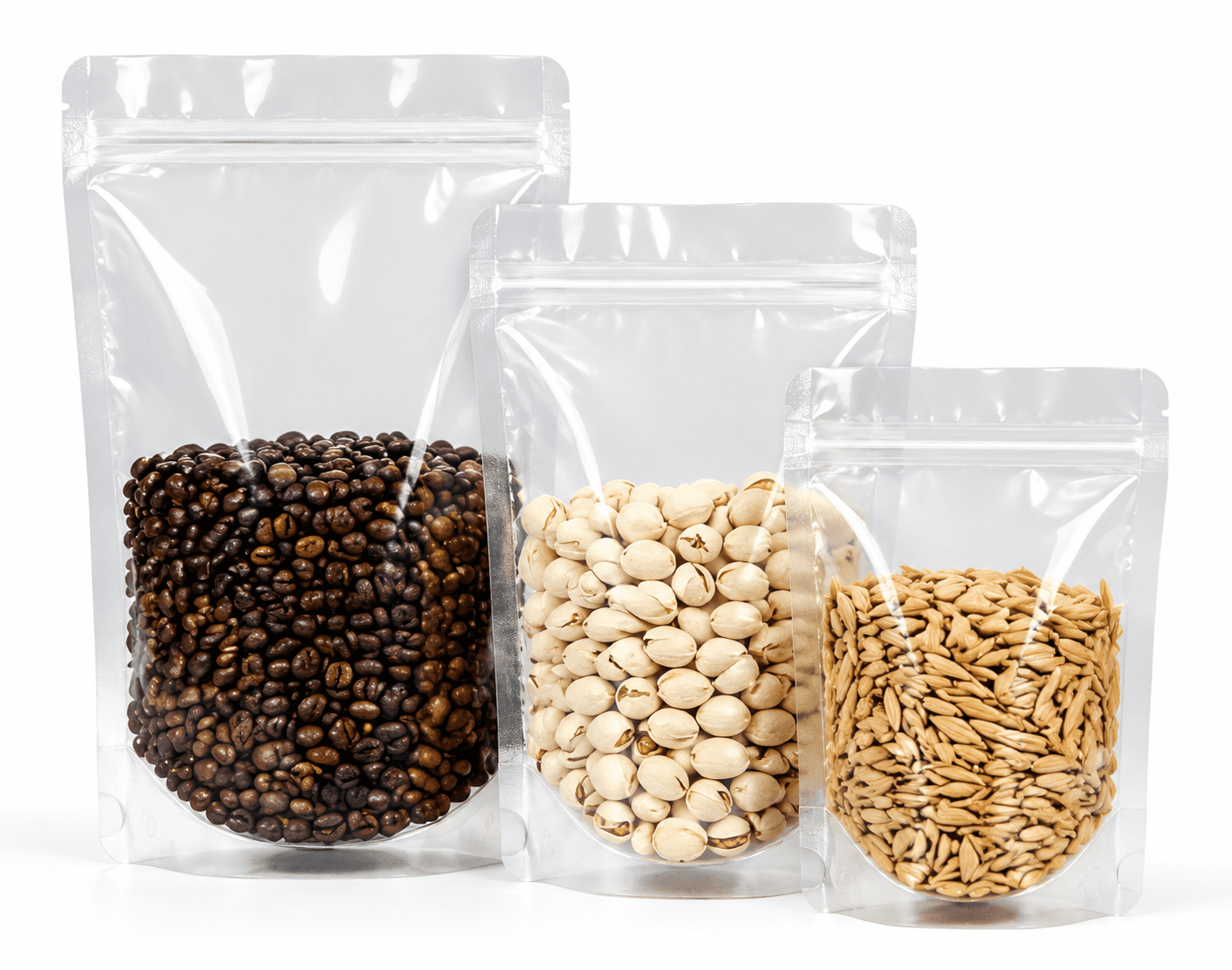 Clear resealable stand up pouches filled with beans, nuts and grains