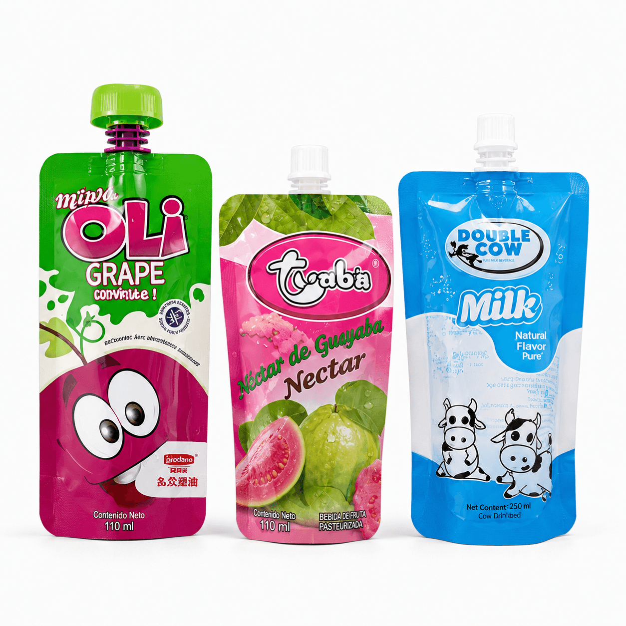 Three colorful custom spout pouches for fruit and milk beverages