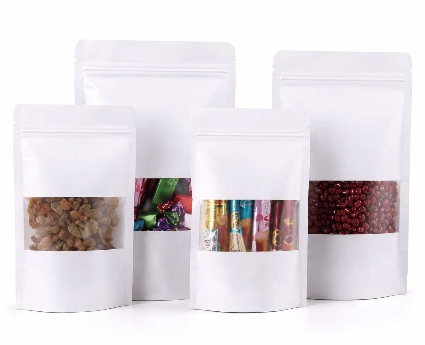 White kraft paper stand up bags with product windows in multiple sizes