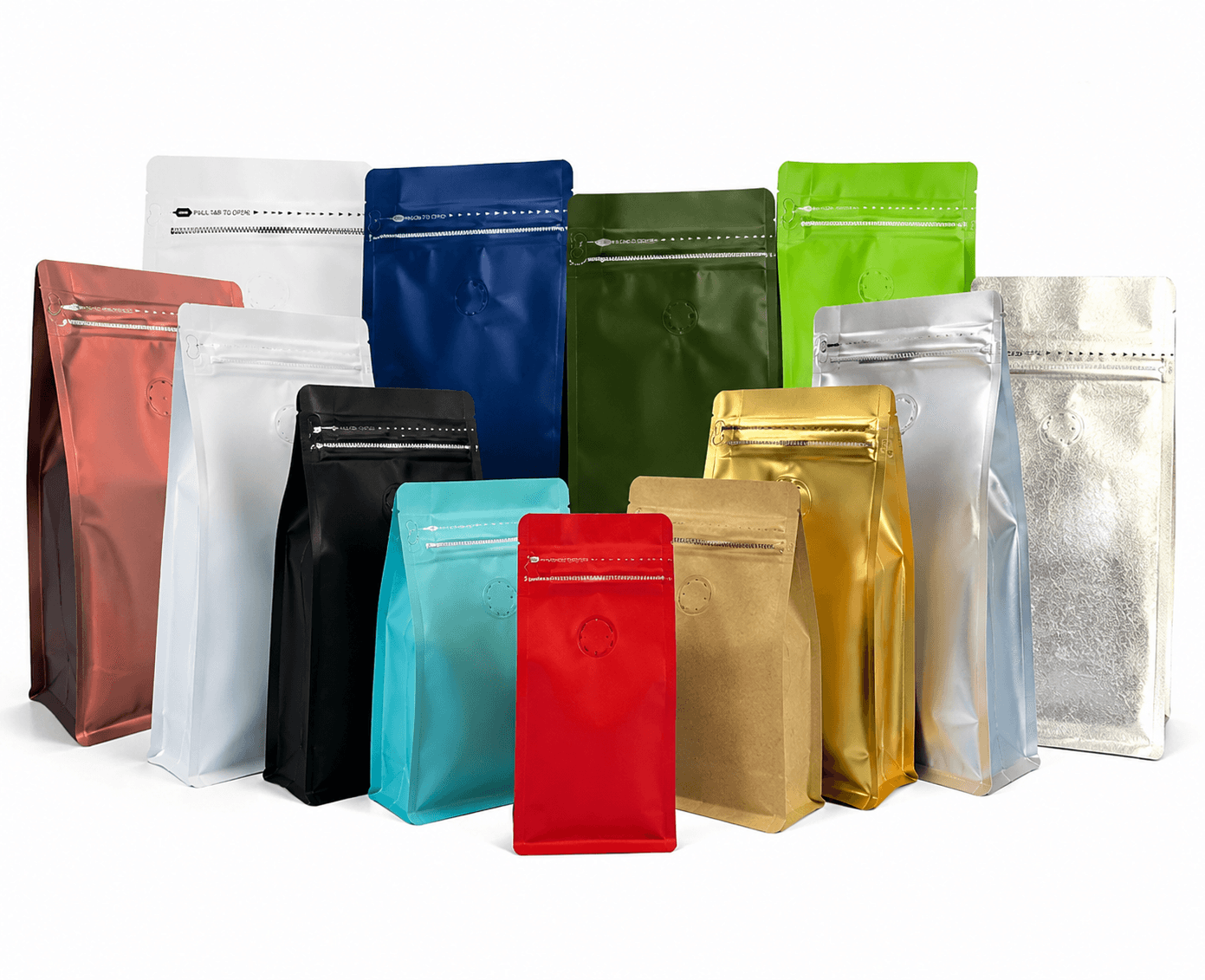 Colorful eight-side seal bags with side zippers in multiple sizes and finishes