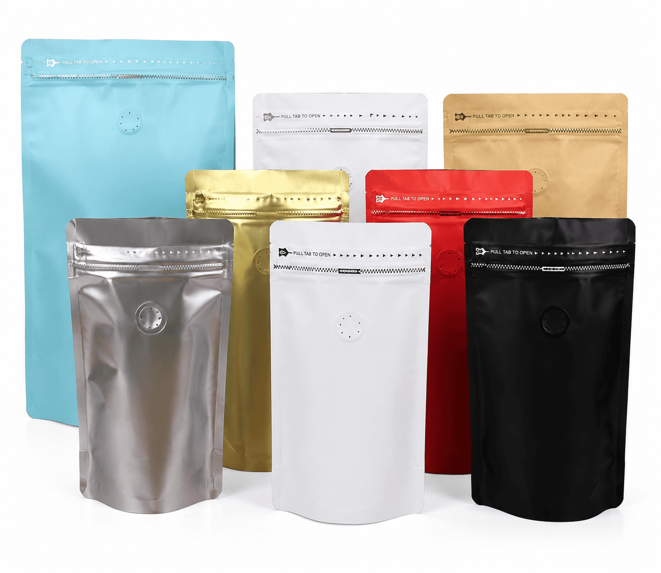 Colorful side-zip stand up bags with degassing valves in multiple sizes
